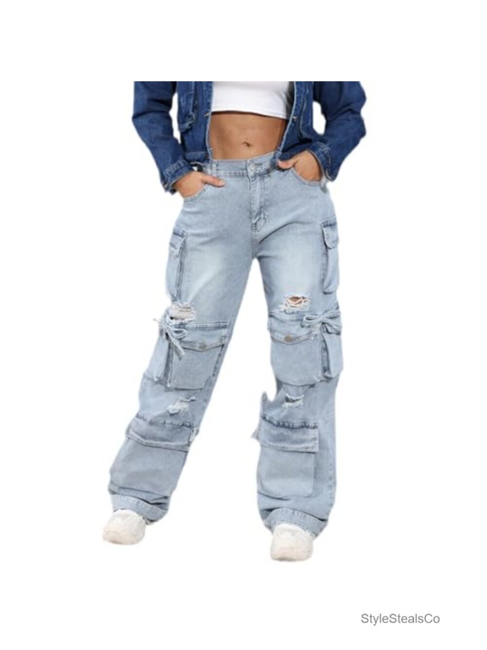 Women's High Waist Baggy Cargo Jeans Flap Pocket Wide Leg Denim Pants Streetwear